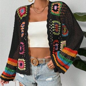 Colorful Crochet Open-Front Cardigan